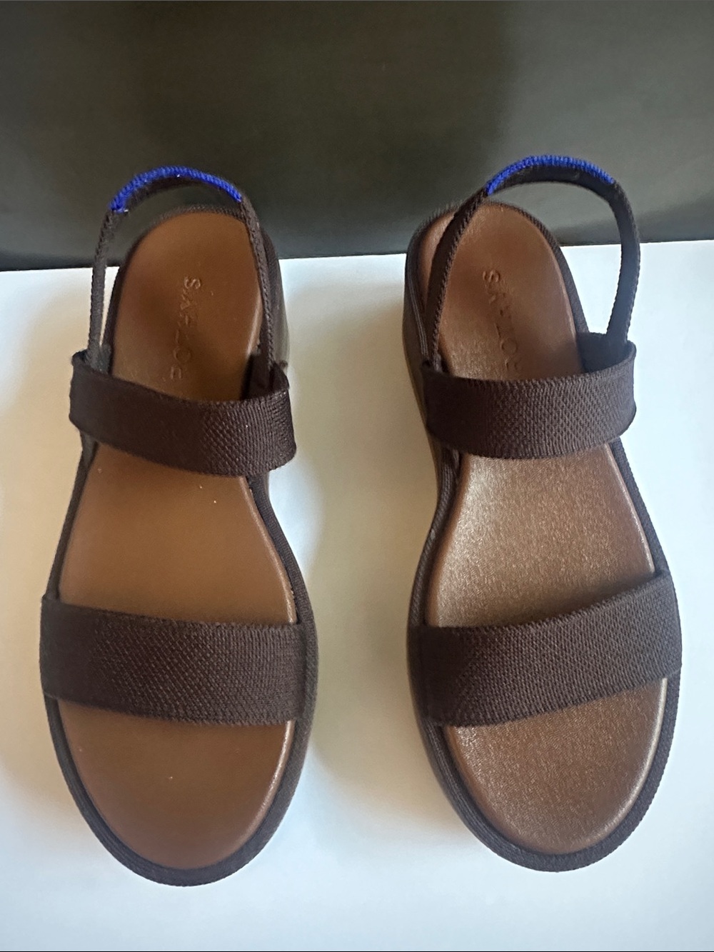 Rothy's Brown Adjustable Strap Sandals with Blue Heel Loop